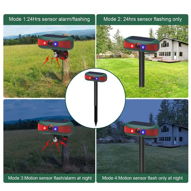 Alt view image 7 of 7 - Solar-Powered Motion Security Alarm: 129dB Loud Siren & Red-Blue Strobes, 4 Modes Deters Deer/Cats/Raccoons Waterproof Dual Mount for Yard/Garden/Farm