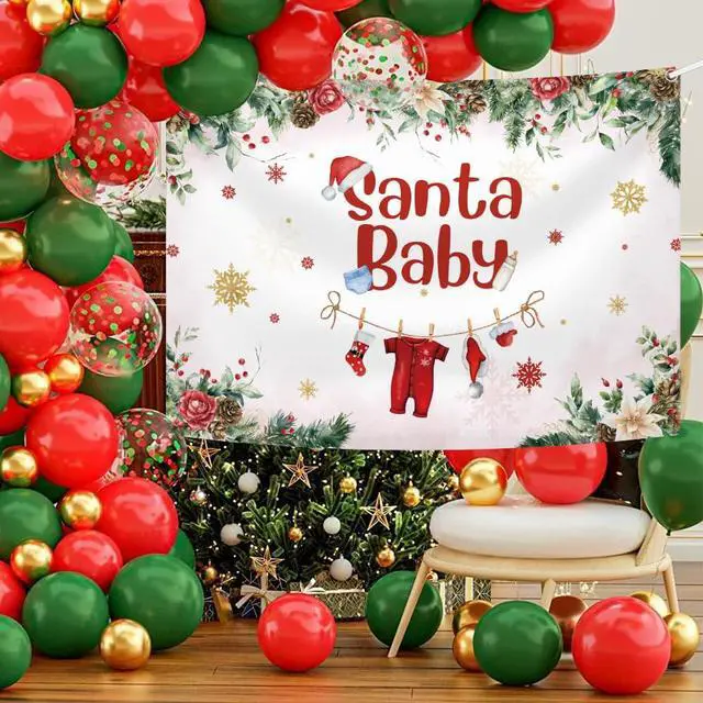 Alt view image 2 of 7 - Christmas Baby Shower Backdrop Banner, Santa Xmas Tree Snowflake Decorations, Kids Winter Newborn Party Supplies, Cake Table Banner, Photo Props 8x6ft