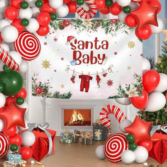 Alt view image 5 of 7 - Christmas Baby Shower Backdrop Banner, Santa Xmas Tree Snowflake Decorations, Kids Winter Newborn Party Supplies, Cake Table Banner, Photo Props 8x6ft