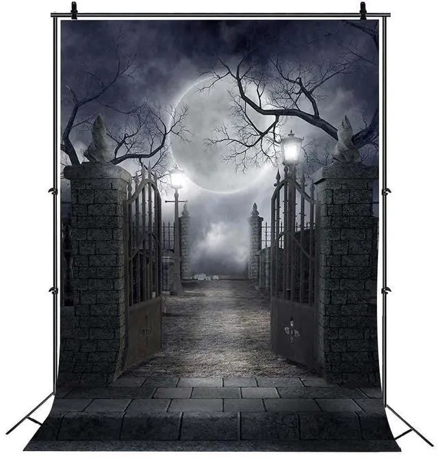 Main image of Halloween Cemetery Full Moon Haunted Photography Backdrop (6X8FT) | Graveyard Full Moon Scene Decor, Halloween/Gothic/Cosplay Photo Backdrop, Lightweight Vinyl, Easy Hang & Wipe Clean
