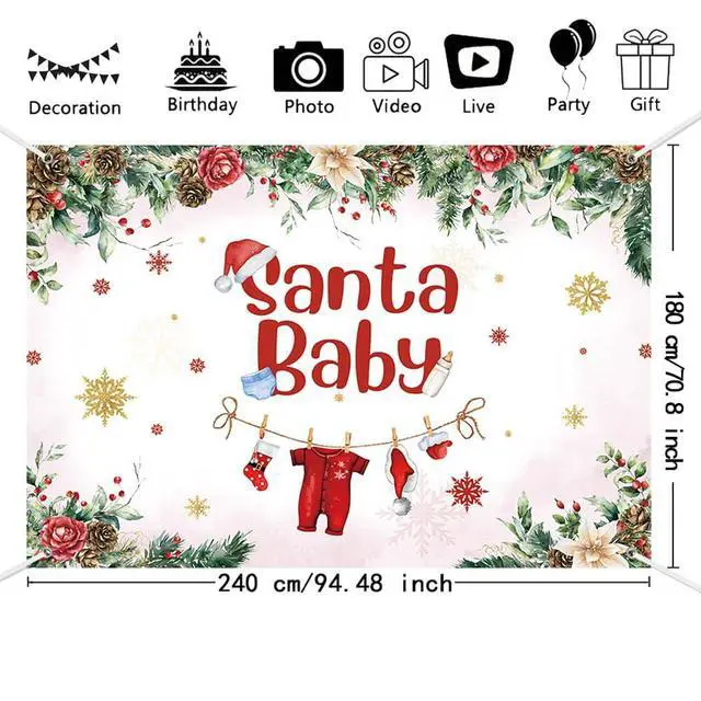 Alt view image 3 of 7 - Christmas Baby Shower Backdrop Banner, Santa Xmas Tree Snowflake Decorations, Kids Winter Newborn Party Supplies, Cake Table Banner, Photo Props 8x6ft