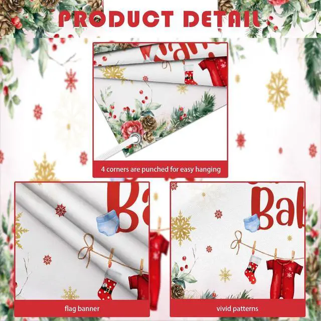 Alt view image 6 of 7 - Christmas Baby Shower Backdrop Banner, Santa Xmas Tree Snowflake Decorations, Kids Winter Newborn Party Supplies, Cake Table Banner, Photo Props 8x6ft
