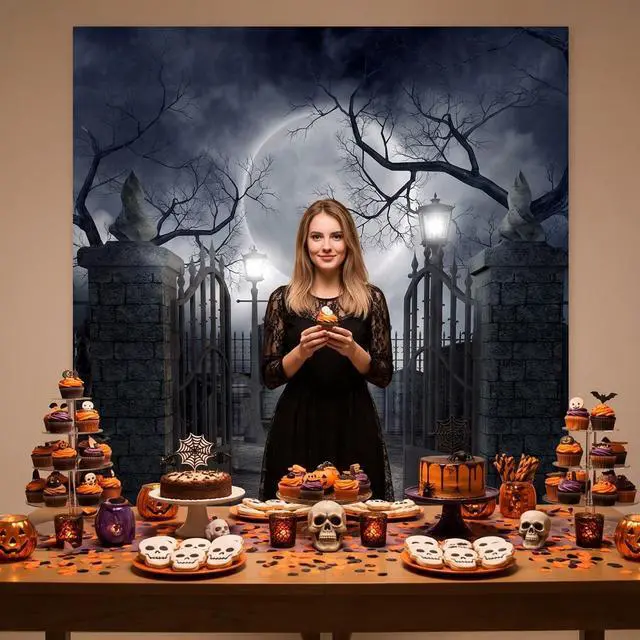 Alt view image 2 of 5 - Halloween Cemetery Full Moon Haunted Photography Backdrop (6X8FT) | Graveyard Full Moon Scene Decor, Halloween/Gothic/Cosplay Photo Backdrop, Lightweight Vinyl, Easy Hang & Wipe Clean