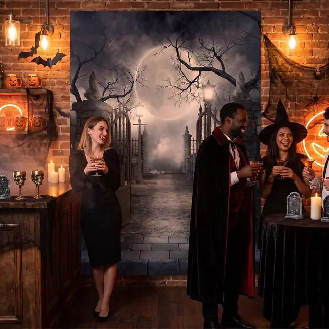 Alt view image 3 of 5 - Halloween Cemetery Full Moon Haunted Photography Backdrop (6X8FT) | Graveyard Full Moon Scene Decor, Halloween/Gothic/Cosplay Photo Backdrop, Lightweight Vinyl, Easy Hang & Wipe Clean
