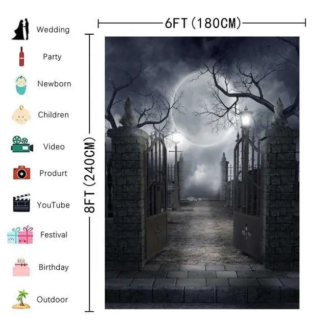 Alt view image 4 of 5 - Halloween Cemetery Full Moon Haunted Photography Backdrop (6X8FT) | Graveyard Full Moon Scene Decor, Halloween/Gothic/Cosplay Photo Backdrop, Lightweight Vinyl, Easy Hang & Wipe Clean