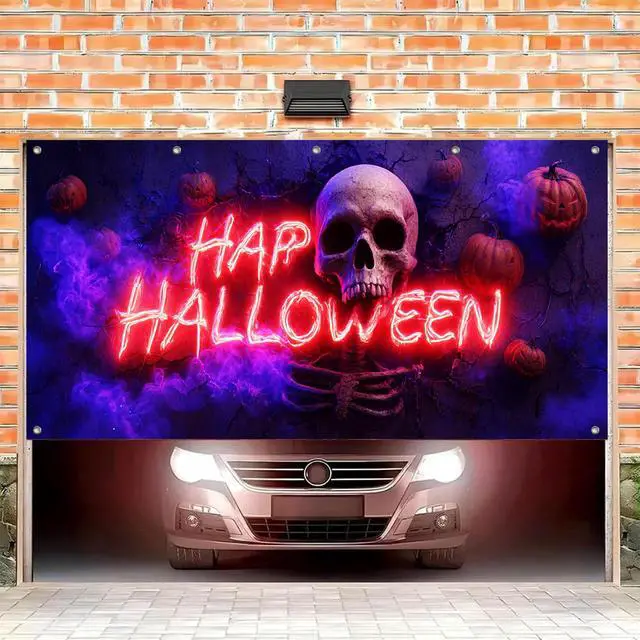 Alt view image 2 of 6 - Halloween Skull Garage Door Cover 13x6ft Polyester | Polyester, glowing skull and neon decor Garage Door Cover for Halloween parties, haunted house events, festive home displays