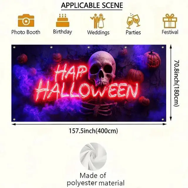 Alt view image 3 of 6 - Halloween Skull Garage Door Cover 13x6ft Polyester | Polyester, glowing skull and neon decor Garage Door Cover for Halloween parties, haunted house events, festive home displays