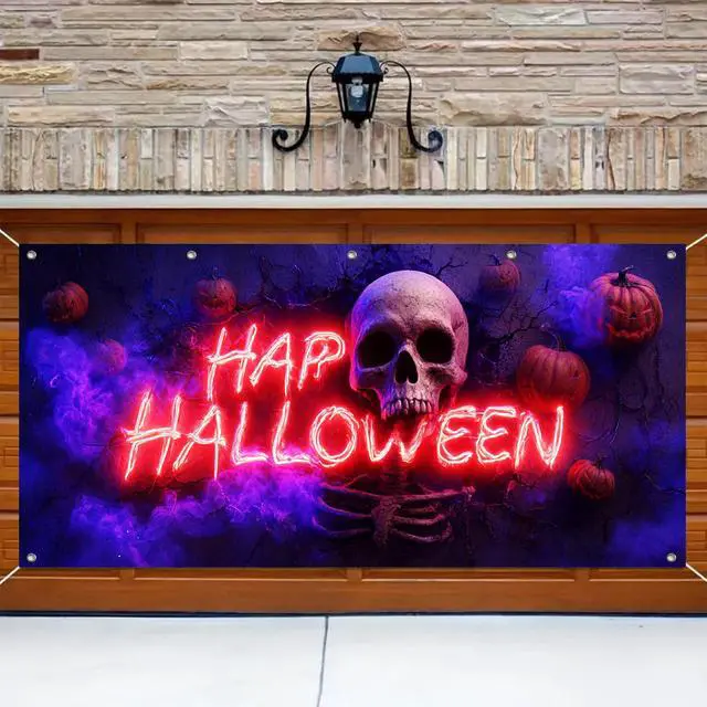 Alt view image 4 of 6 - Halloween Skull Garage Door Cover 13x6ft Polyester | Polyester, glowing skull and neon decor Garage Door Cover for Halloween parties, haunted house events, festive home displays