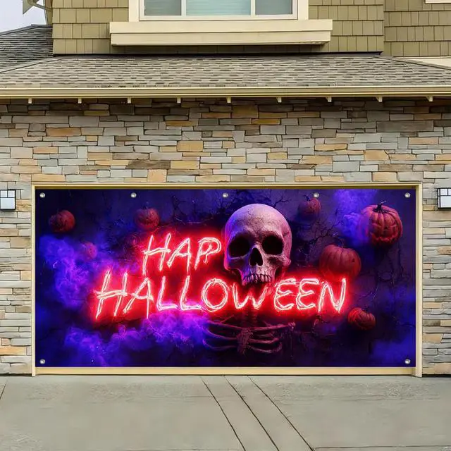 Alt view image 5 of 6 - Halloween Skull Garage Door Cover 13x6ft Polyester | Polyester, glowing skull and neon decor Garage Door Cover for Halloween parties, haunted house events, festive home displays