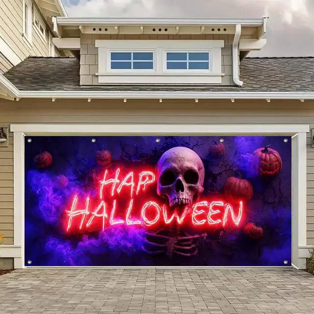 Alt view image 6 of 6 - Halloween Skull Garage Door Cover 13x6ft Polyester | Polyester, glowing skull and neon decor Garage Door Cover for Halloween parties, haunted house events, festive home displays