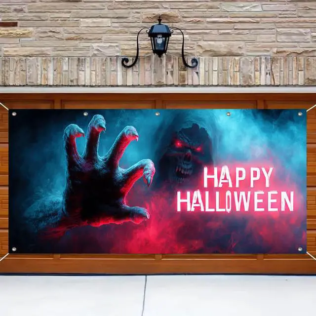 Alt view image 3 of 6 - Halloween Garage Door Covers Decorative 13x6ft Banner | Polyester, giant hand silhouette Halloween Garage Door Covers Decorative for festive party, wall and door