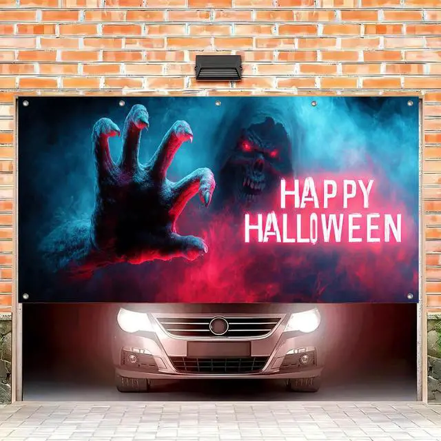 Alt view image 2 of 6 - Halloween Garage Door Covers Decorative 13x6ft Banner | Polyester, giant hand silhouette Halloween Garage Door Covers Decorative for festive party, wall and door