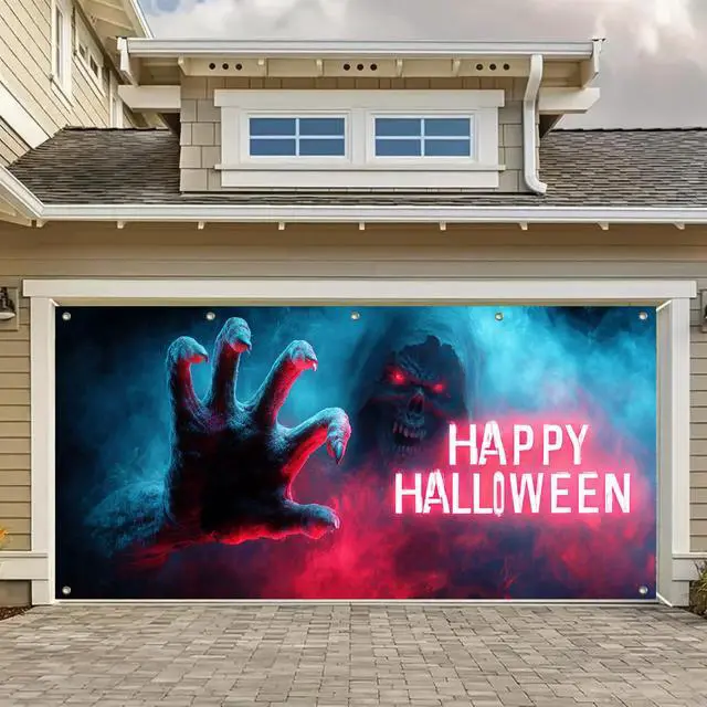 Alt view image 6 of 6 - Halloween Garage Door Covers Decorative 13x6ft Banner | Polyester, giant hand silhouette Halloween Garage Door Covers Decorative for festive party, wall and door