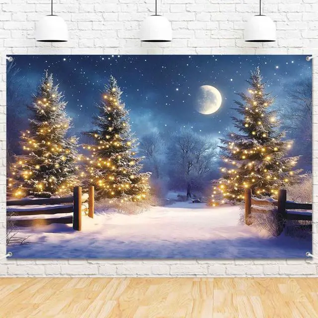 Main image of Snowy Winter Scene Backdrop Merry Christmas Party Decorations Banner Large Christmas Night Snow Pine Trees Holiday Party Photography Background Wall Decor Photo Props 7x5 ft