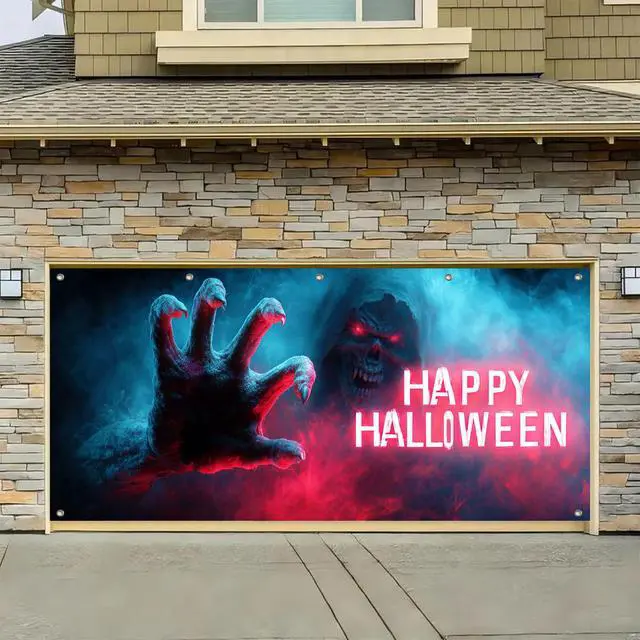 Alt view image 5 of 6 - Halloween Garage Door Covers Decorative 13x6ft Banner | Polyester, giant hand silhouette Halloween Garage Door Covers Decorative for festive party, wall and door
