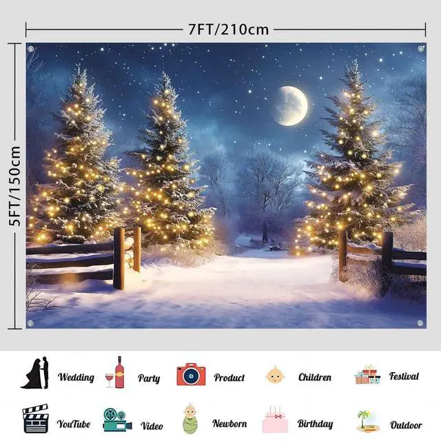 Alt view image 3 of 6 - Snowy Winter Scene Backdrop Merry Christmas Party Decorations Banner Large Christmas Night Snow Pine Trees Holiday Party Photography Background Wall Decor Photo Props 7x5 ft