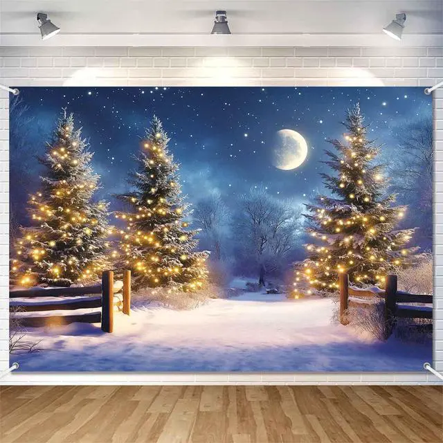 Alt view image 2 of 6 - Snowy Winter Scene Backdrop Merry Christmas Party Decorations Banner Large Christmas Night Snow Pine Trees Holiday Party Photography Background Wall Decor Photo Props 7x5 ft