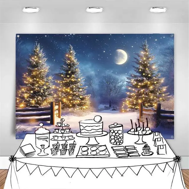 Alt view image 4 of 6 - Snowy Winter Scene Backdrop Merry Christmas Party Decorations Banner Large Christmas Night Snow Pine Trees Holiday Party Photography Background Wall Decor Photo Props 7x5 ft