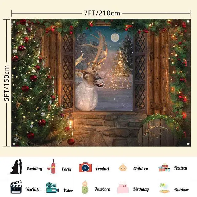 Alt view image 2 of 7 - Christmas Reindeer Photo Backdrop Winter Window Tapestry Wall Banner Merry Christmas Party Decorations Holiday Scene Reindeer Games Photography Background Party Decor 7x5ft