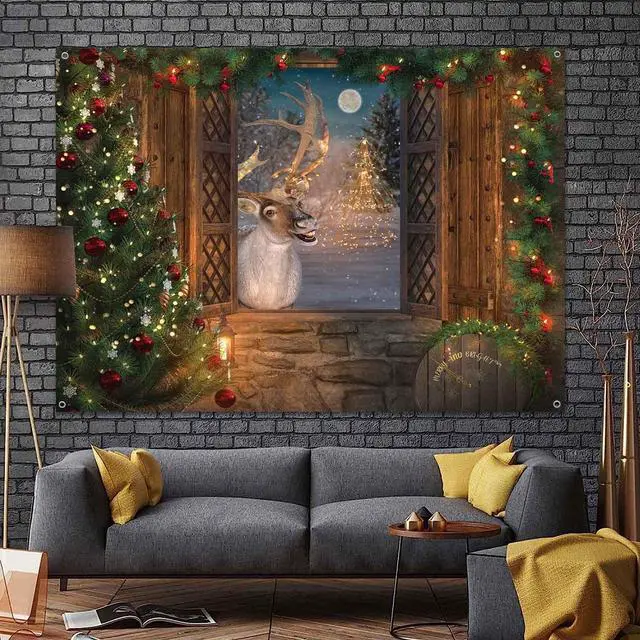 Alt view image 5 of 7 - Christmas Reindeer Photo Backdrop Winter Window Tapestry Wall Banner Merry Christmas Party Decorations Holiday Scene Reindeer Games Photography Background Party Decor 7x5ft