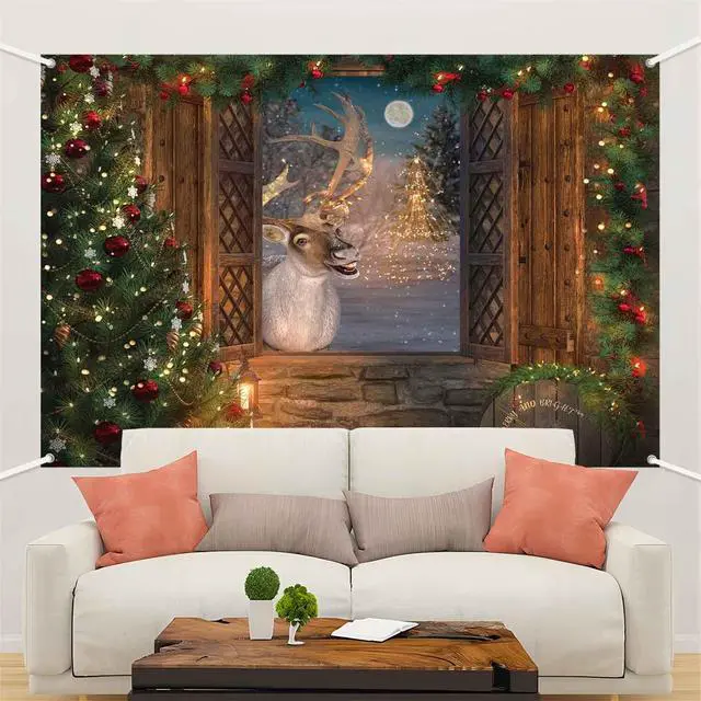 Alt view image 6 of 7 - Christmas Reindeer Photo Backdrop Winter Window Tapestry Wall Banner Merry Christmas Party Decorations Holiday Scene Reindeer Games Photography Background Party Decor 7x5ft