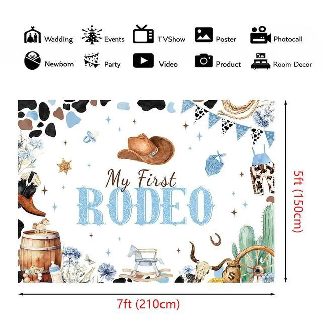 Alt view image 2 of 6 - 7x5ft Blue My First Rodeo Birthday Backdrop for Boy Western Cowboy 1st Birthday Decorations Retro Rodeo Party Banner Wild West Baby Shower Party Supplies