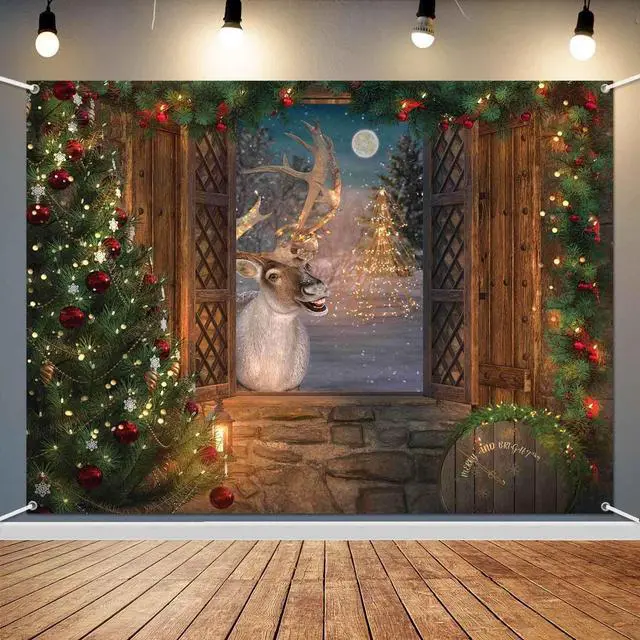 Main image of Christmas Reindeer Photo Backdrop Winter Window Tapestry Wall Banner Merry Christmas Party Decorations Holiday Scene Reindeer Games Photography Background Party Decor 7x5ft