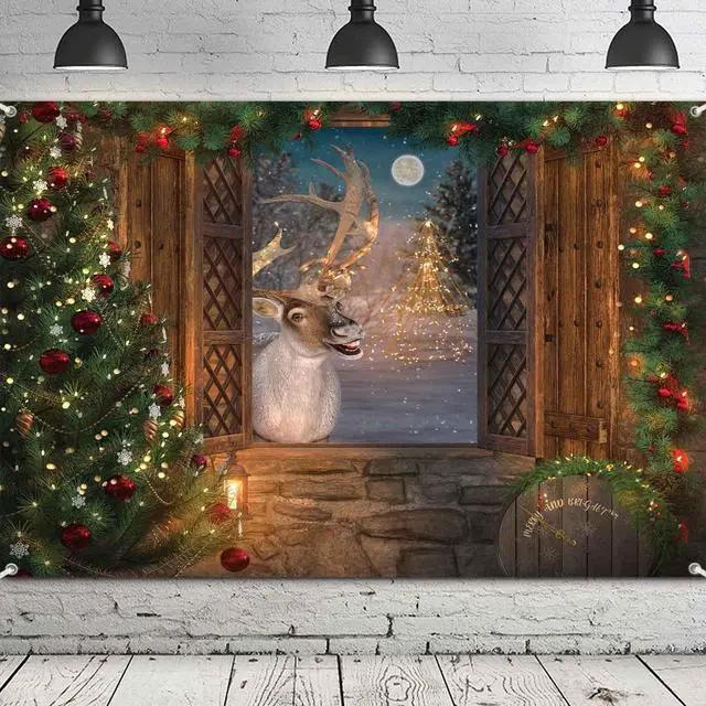 Alt view image 4 of 7 - Christmas Reindeer Photo Backdrop Winter Window Tapestry Wall Banner Merry Christmas Party Decorations Holiday Scene Reindeer Games Photography Background Party Decor 7x5ft