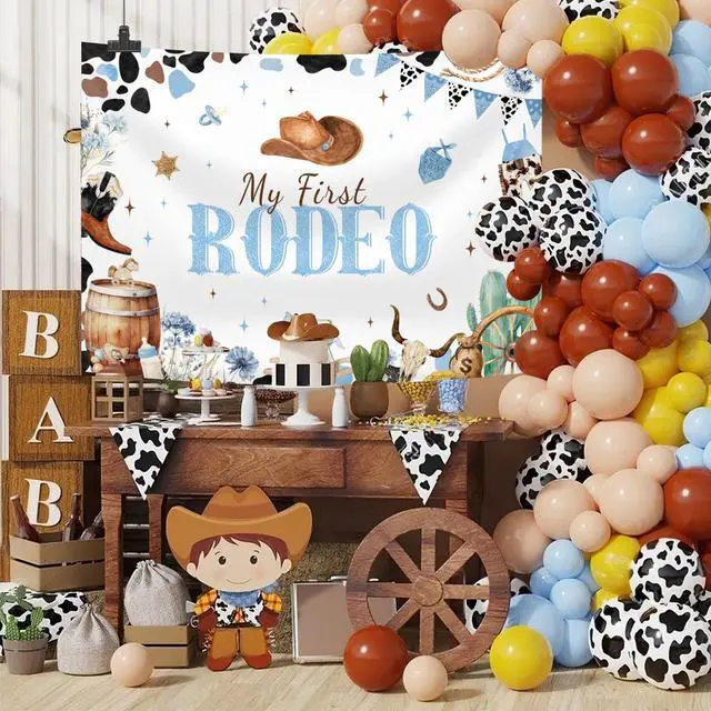 Alt view image 3 of 6 - 7x5ft Blue My First Rodeo Birthday Backdrop for Boy Western Cowboy 1st Birthday Decorations Retro Rodeo Party Banner Wild West Baby Shower Party Supplies