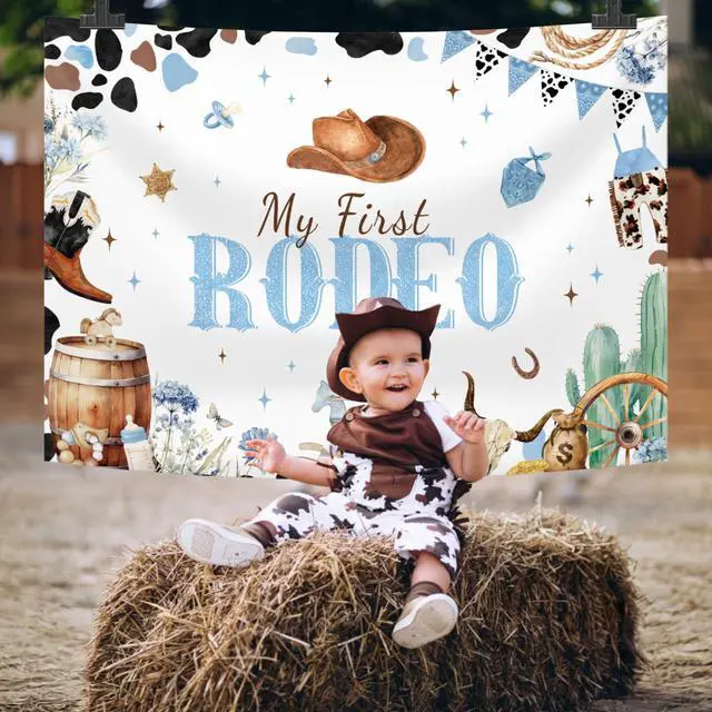 Alt view image 5 of 6 - 7x5ft Blue My First Rodeo Birthday Backdrop for Boy Western Cowboy 1st Birthday Decorations Retro Rodeo Party Banner Wild West Baby Shower Party Supplies