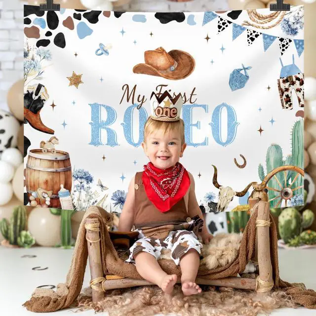 Alt view image 6 of 6 - 7x5ft Blue My First Rodeo Birthday Backdrop for Boy Western Cowboy 1st Birthday Decorations Retro Rodeo Party Banner Wild West Baby Shower Party Supplies