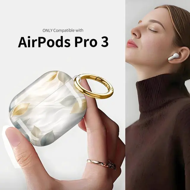 Alt view image 3 of 7 - Compatible with AirPod Pro 3 Case (2025), Shockproof Dustproof Protective Cover with Cute Golden Keychain for Women & Girls - Golden Leaves