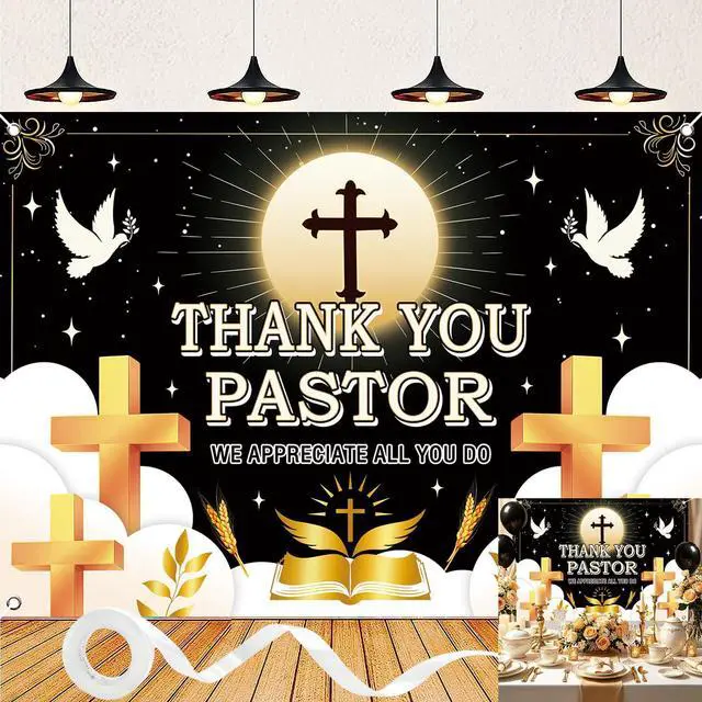 Main image of Thank You Pastor Backdrop Black Gold Cross Dove Religious Background Pastor Appreciation Day Banner Church Celebration Retirement Party Decorations Photo Booth Props 6x4FT