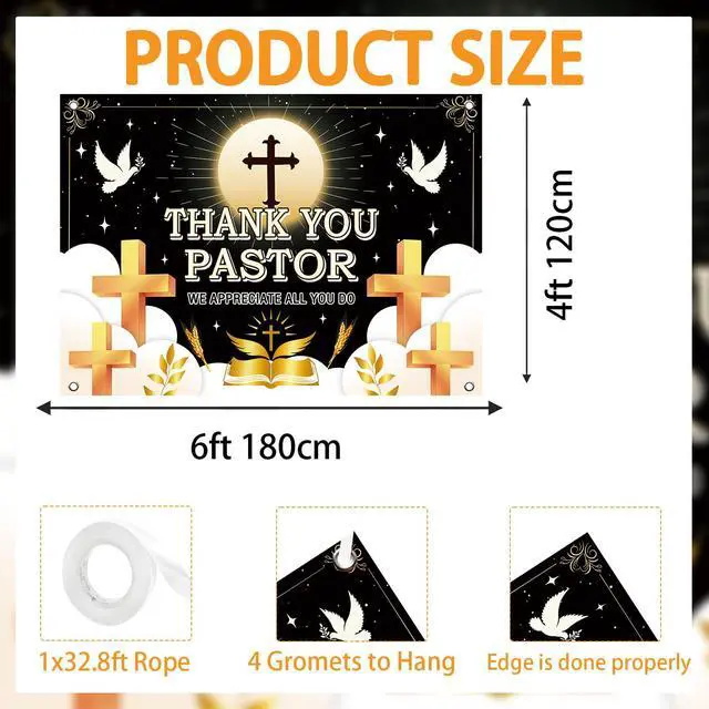 Alt view image 2 of 7 - Thank You Pastor Backdrop Black Gold Cross Dove Religious Background Pastor Appreciation Day Banner Church Celebration Retirement Party Decorations Photo Booth Props 6x4FT