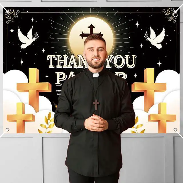 Alt view image 5 of 7 - Thank You Pastor Backdrop Black Gold Cross Dove Religious Background Pastor Appreciation Day Banner Church Celebration Retirement Party Decorations Photo Booth Props 6x4FT
