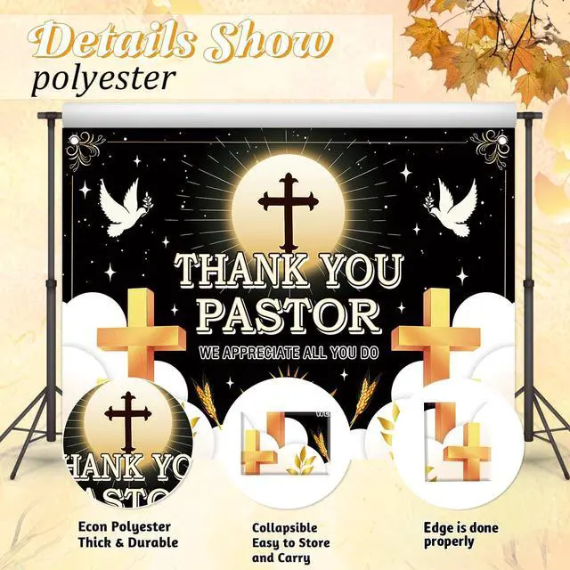 Alt view image 7 of 7 - Thank You Pastor Backdrop Black Gold Cross Dove Religious Background Pastor Appreciation Day Banner Church Celebration Retirement Party Decorations Photo Booth Props 6x4FT