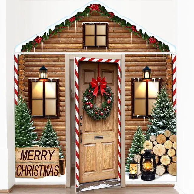 Main image of 4 Pcs 98 Inch Gingerbread Door Cover Log House | Christmas Peppermint Candy Design, Holiday Party Classroom Backdrop, Includes Gingerbread House Santa Wreath Cane