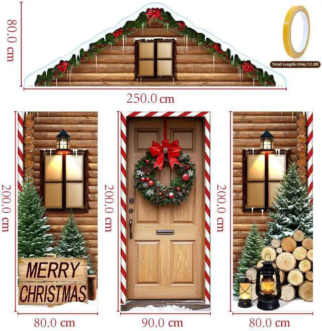 Alt view image 2 of 6 - 4 Pcs 98 Inch Gingerbread Door Cover Log House | Christmas Peppermint Candy Design, Holiday Party Classroom Backdrop, Includes Gingerbread House Santa Wreath Cane