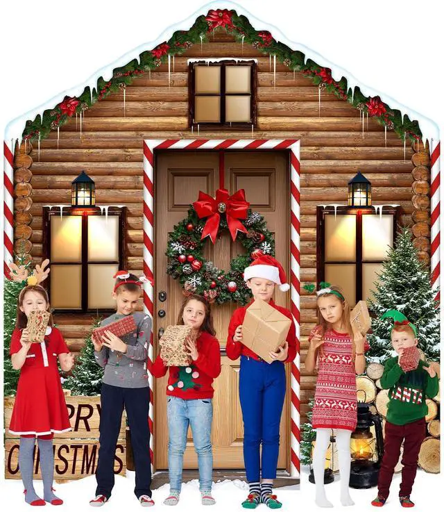 Alt view image 5 of 6 - 4 Pcs 98 Inch Gingerbread Door Cover Log House | Christmas Peppermint Candy Design, Holiday Party Classroom Backdrop, Includes Gingerbread House Santa Wreath Cane