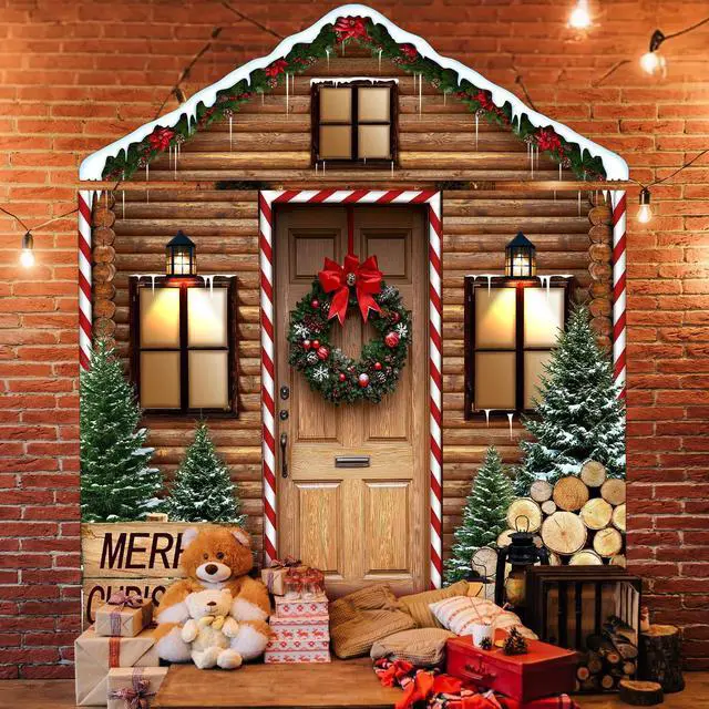 Alt view image 3 of 6 - 4 Pcs 98 Inch Gingerbread Door Cover Log House | Christmas Peppermint Candy Design, Holiday Party Classroom Backdrop, Includes Gingerbread House Santa Wreath Cane
