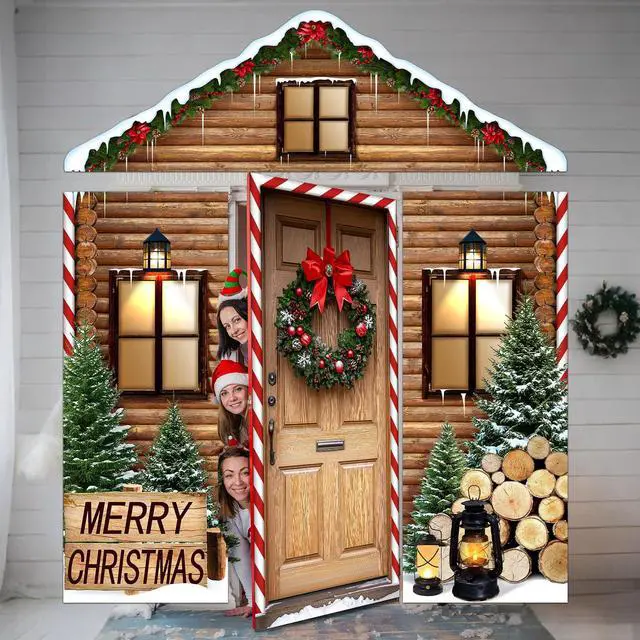 Alt view image 6 of 6 - 4 Pcs 98 Inch Gingerbread Door Cover Log House | Christmas Peppermint Candy Design, Holiday Party Classroom Backdrop, Includes Gingerbread House Santa Wreath Cane