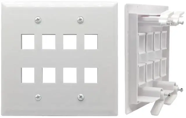 Main image of Keystone Wall Plate, Built-In Mounting Bracket, 2 Gang, Supports Jack or Modular Inserts, In Wall Patch Panel - White (8 Port)