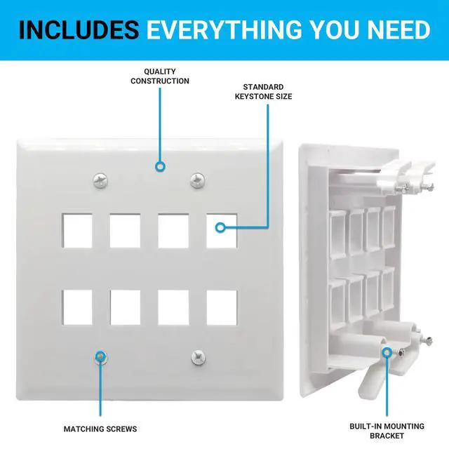 Alt view image 3 of 7 - Keystone Wall Plate, Built-In Mounting Bracket, 2 Gang, Supports Jack or Modular Inserts, In Wall Patch Panel - White (8 Port)