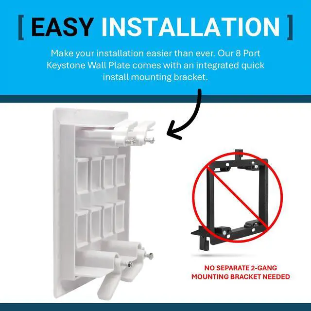 Alt view image 5 of 7 - Keystone Wall Plate, Built-In Mounting Bracket, 2 Gang, Supports Jack or Modular Inserts, In Wall Patch Panel - White (8 Port)