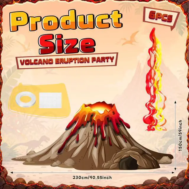 Alt view image 3 of 6 - 7 Pcs Volcano Eruption Party Decoration Kit, 5 x 7.5 ft Lava Flow Backdrop with 6 Flame Hanging Swirls Streamer Photo Booth Props for Floor Is Lava School Birthday Dinosaur Firefighter