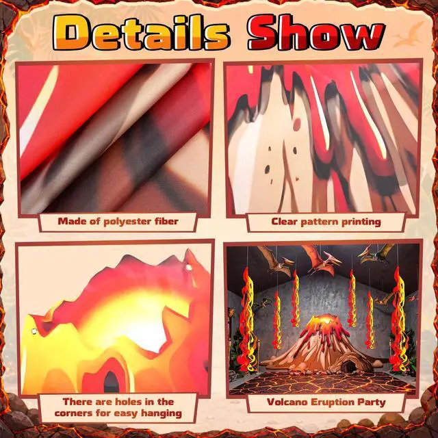Alt view image 4 of 6 - 7 Pcs Volcano Eruption Party Decoration Kit, 5 x 7.5 ft Lava Flow Backdrop with 6 Flame Hanging Swirls Streamer Photo Booth Props for Floor Is Lava School Birthday Dinosaur Firefighter
