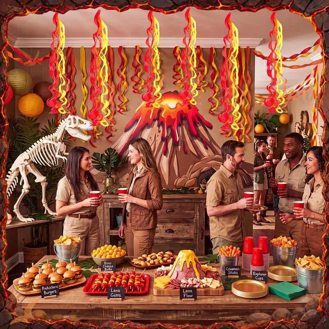 Alt view image 2 of 6 - 7 Pcs Volcano Eruption Party Decoration Kit, 5 x 7.5 ft Lava Flow Backdrop with 6 Flame Hanging Swirls Streamer Photo Booth Props for Floor Is Lava School Birthday Dinosaur Firefighter