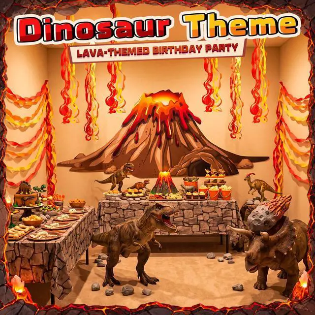 Alt view image 5 of 6 - 7 Pcs Volcano Eruption Party Decoration Kit, 5 x 7.5 ft Lava Flow Backdrop with 6 Flame Hanging Swirls Streamer Photo Booth Props for Floor Is Lava School Birthday Dinosaur Firefighter