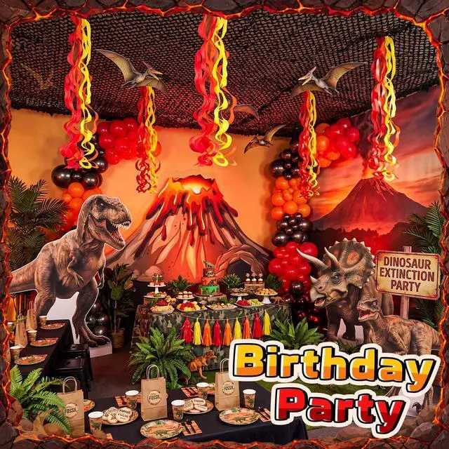 Alt view image 6 of 6 - 7 Pcs Volcano Eruption Party Decoration Kit, 5 x 7.5 ft Lava Flow Backdrop with 6 Flame Hanging Swirls Streamer Photo Booth Props for Floor Is Lava School Birthday Dinosaur Firefighter