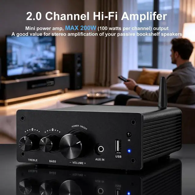 Alt view image 2 of 7 - 200W Mini Bluetooth Audio Amplifier Class D for Bookshelf Speaker | 2.0 Channel Integrated Amp, Optical Coaxial USB AUX Input, HiFi, 200W RMS (LP-615B)
